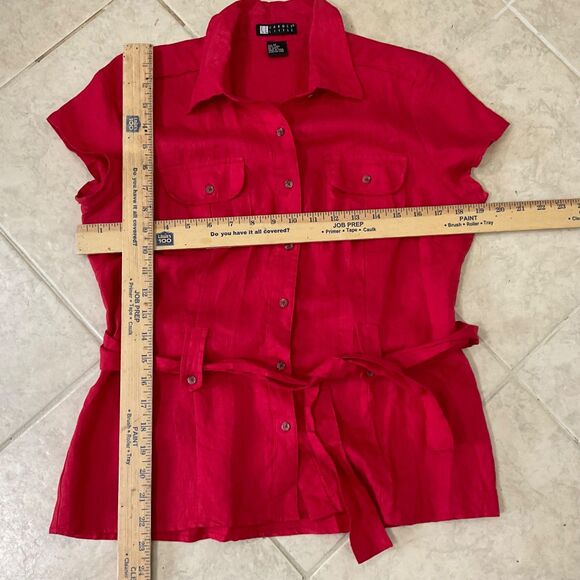 Carole Little 100% Linen Belted button up Blouse Top Women M Red Career Coastal - Picture 5 of 7
